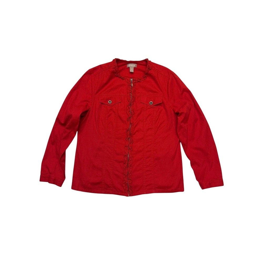 Chico's Red Ruffle Trim Zip Front Jacket with Pockets Chico's Size 2 (Size 14)
